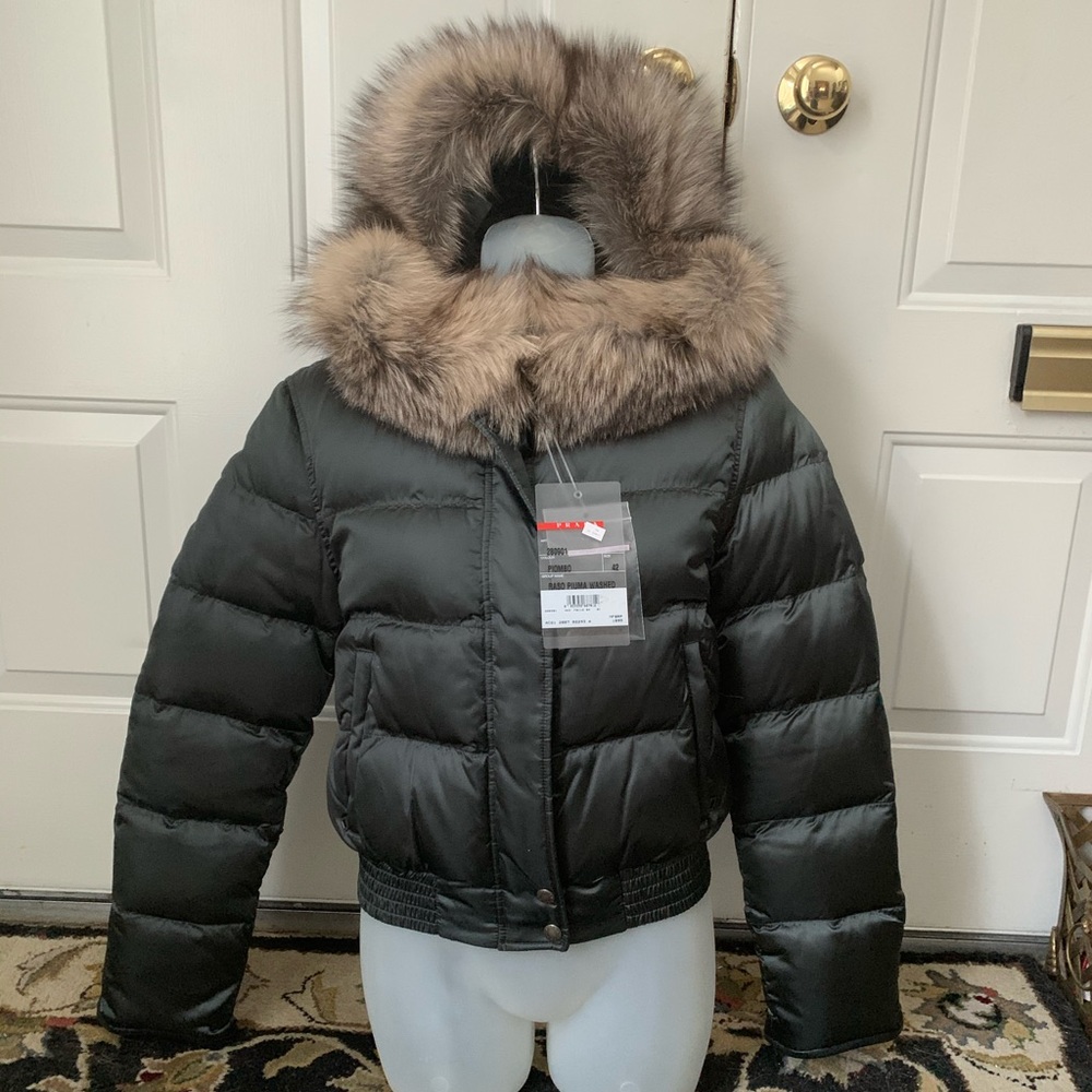NWT Prada Down Puffer Jacket/Blue Fox Trim - Picture 1 of 8